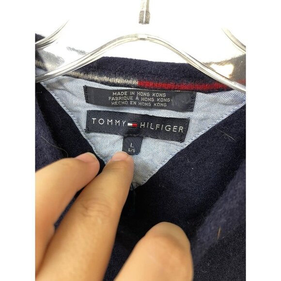 VTG TOMMY HILFIGER 100% Lambswool Logo Blue Navy Sweater Sleeve Women's Size L - Picture 2 of 5